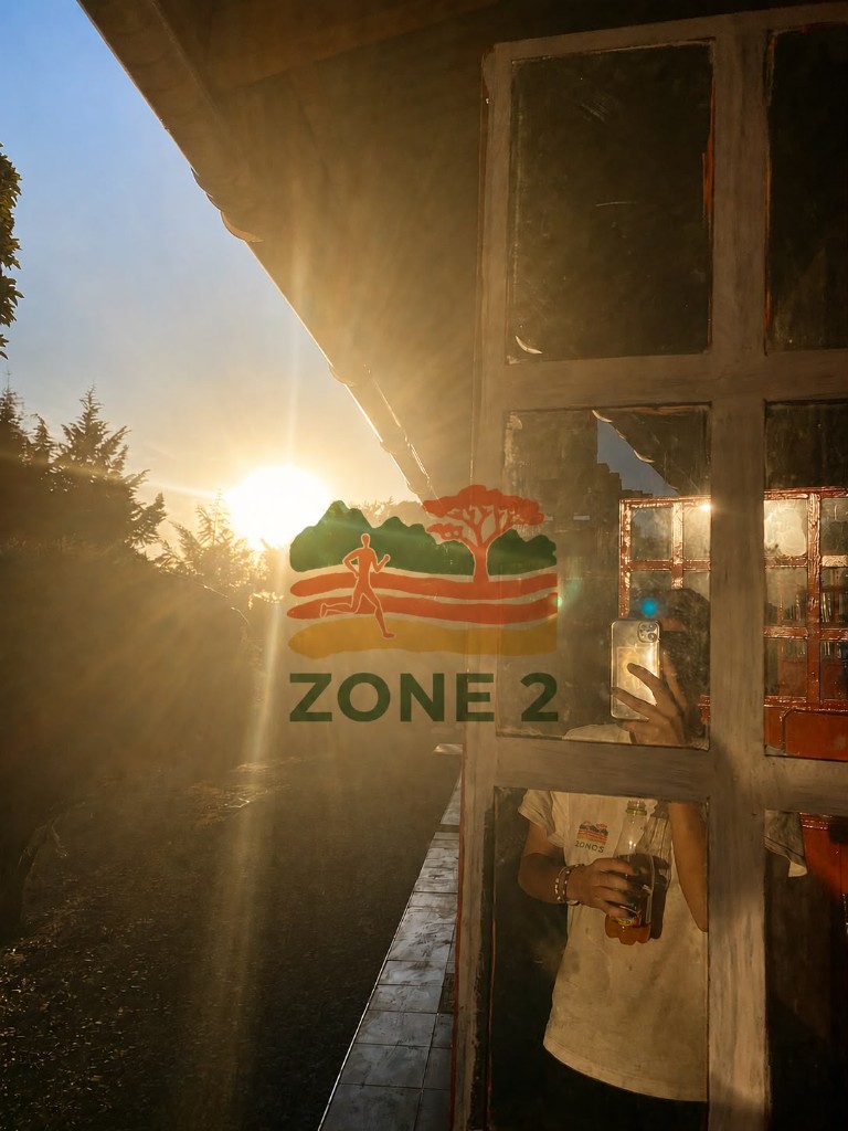 Sunset at the camp, with the Zone 2 mark on the window